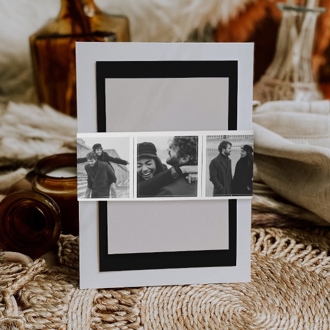 Modern Photo Booth Strip Collage Wedding Monogram Invitation Belly Band (Modern photo booth strip style collage 5 photo minimalist simple wedding invitation belly band)