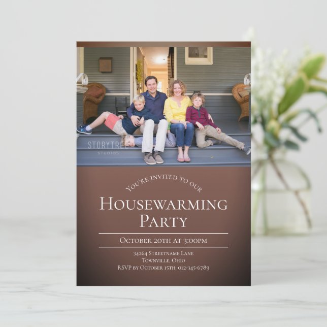 Modern Photo Brown White Housewarming  Invitation (Standing Front)