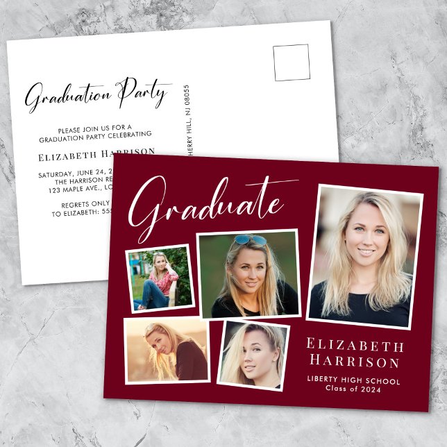 Modern Photo Burgundy Graduation Party Invitation Postcard (Creator Uploaded)