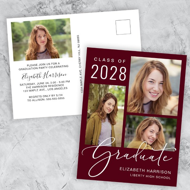 Modern Photo Burgundy Graduation Party Invitation Postcard (An elegant college graduation party invitation postcard to celebrate the graduate's achievements)