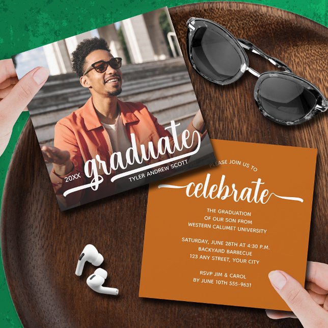 Modern Photo Burnt Orange Graduation Invitation (Modern photo burnt orange square graduation party invitations 5.25" x 5.25")