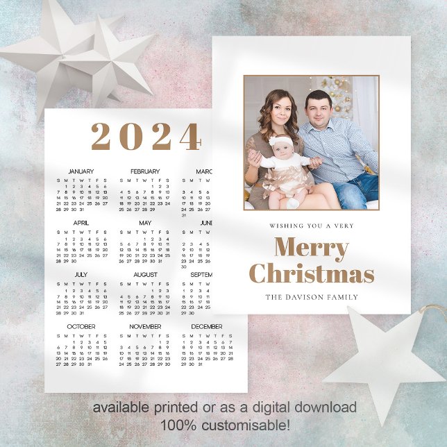 Modern Photo Calendar 2024 Merry Christmas Holiday Card (Front and back view. Available digitally or printed)