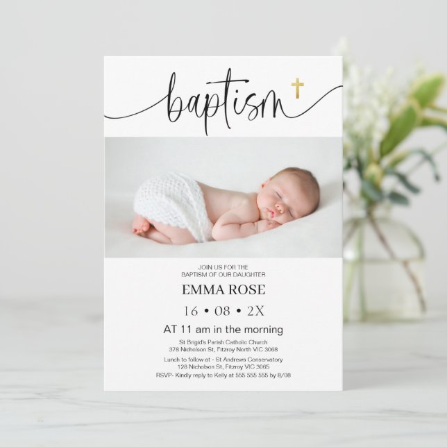 Modern Photo Calligraphy Baptism  Invitation (Standing Front)