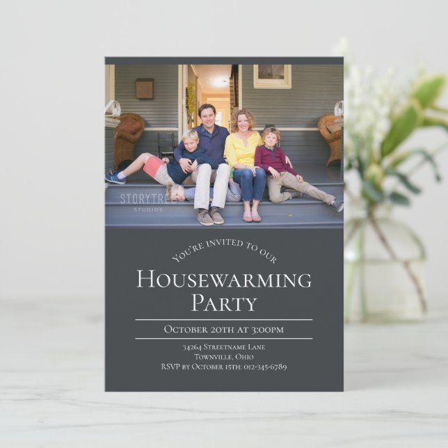 Modern Photo Charcoal Grey Housewarming Invitation (Standing Front)