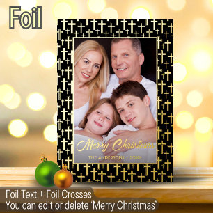 Modern photo Christmas black and gold Jesus cross Foil Holiday Card