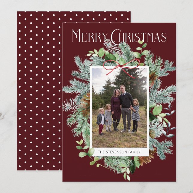 Modern Photo Christmas Burgundy Greeting Card (Front/Back)
