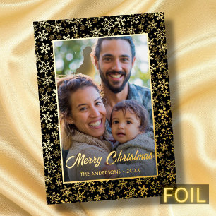 Modern photo Christmas elegant black and gold Foil Holiday Card