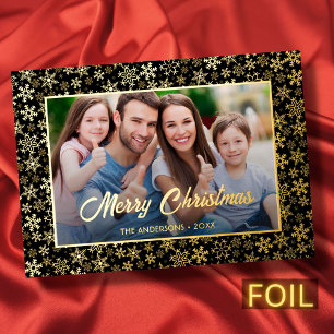 Modern photo Christmas elegant black and gold Foil Holiday Card