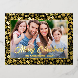 Modern photo Christmas elegant black and gold Foil Holiday Postcard