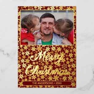 Modern photo Christmas elegant burgundy snowflakes Foil Holiday Card