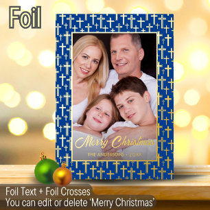 Modern photo Christmas elegant cross navy blue Foil Holiday Card