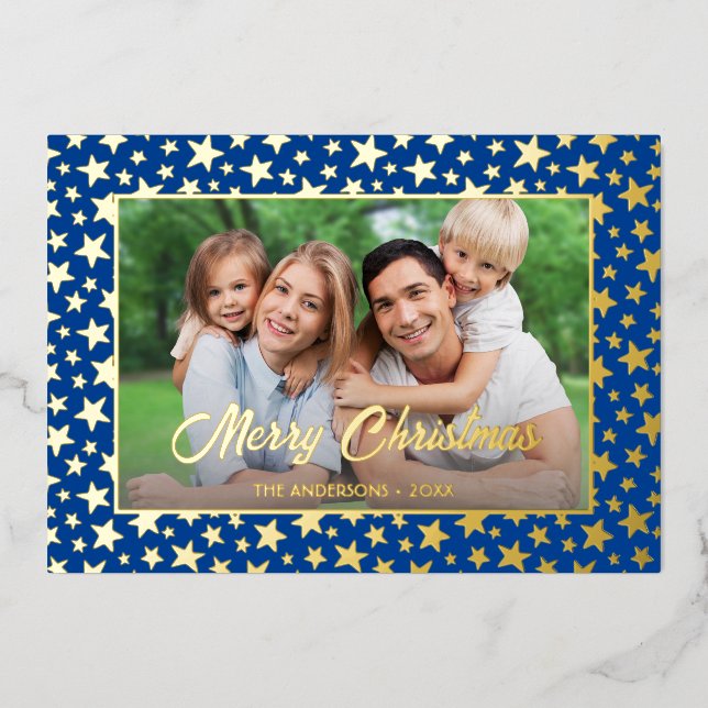 Modern photo Christmas elegant gold star navy blue Foil Holiday Card (Front)