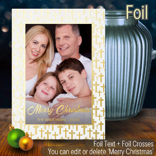 Modern photo Christmas elegant golden Jesus cross Foil Holiday Card