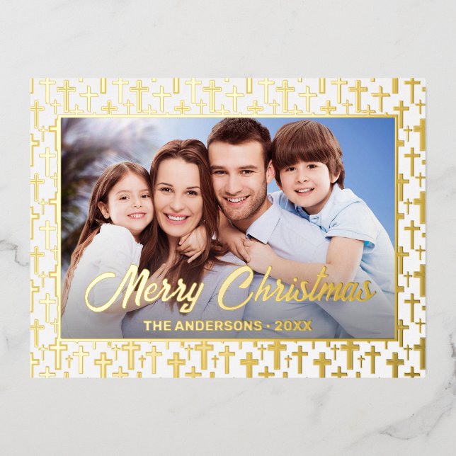 Modern photo Christmas elegant script Jesus cross Foil Holiday Postcard (Front)