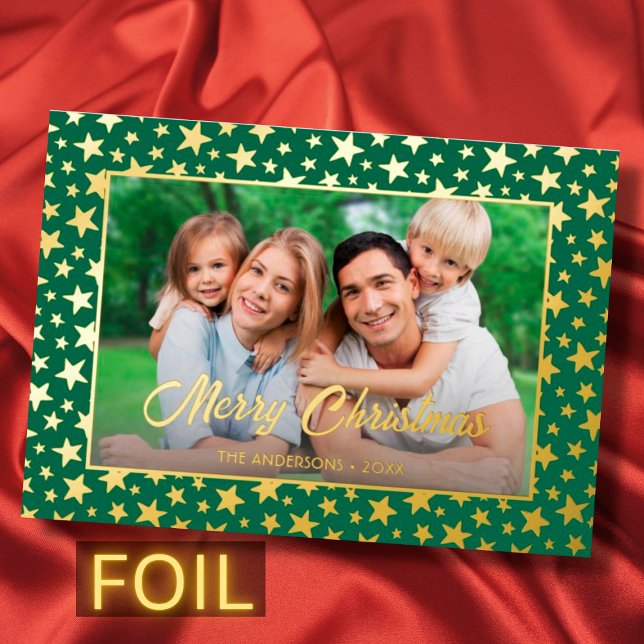Modern photo Christmas elegant script stars green Foil Holiday Card (Creator Uploaded)