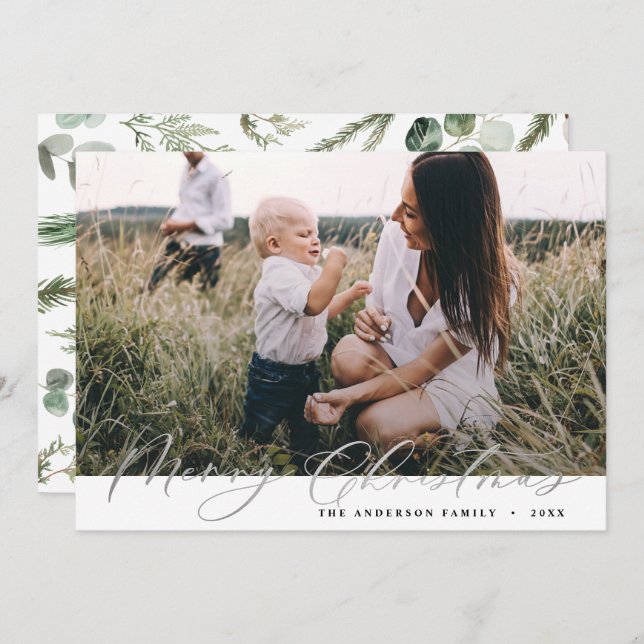 Modern photo Christmas elegant silver script Holiday Card (Front/Back)