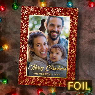 Modern photo Christmas elegant snowflake burgundy Foil Holiday Card