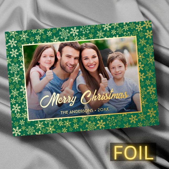 Modern photo Christmas elegant snowflake green Foil Holiday Card (Creator Uploaded)