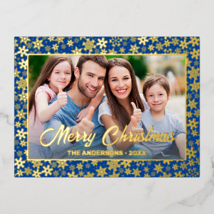 Modern photo Christmas elegant snowflake navy blue Foil Holiday Postcard