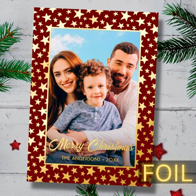 Modern photo Christmas elegant stars burgundy red  Foil Holiday Card (Creator Uploaded)