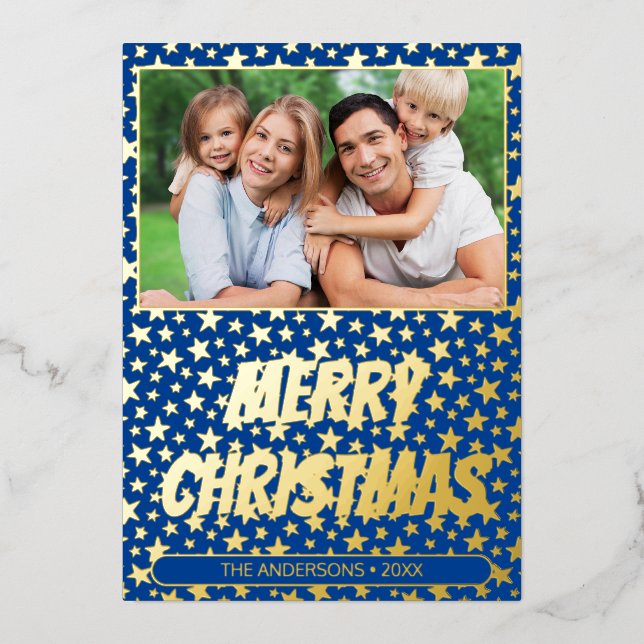 Modern photo Christmas elegant stars navy blue Foil Holiday Card (Front)