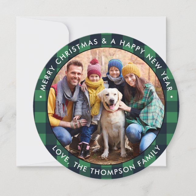 Modern Photo Christmas Green Buffalo Plaid Round  Holiday Card (Front)