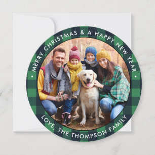 Modern Photo Christmas Green Buffalo Plaid Round  Holiday Card
