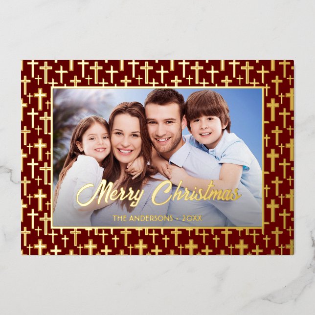 Modern photo Christmas Jesus cross burgundy red Foil Holiday Card (Front)