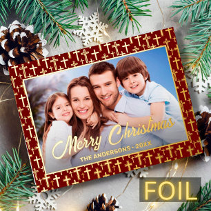 Modern photo Christmas Jesus cross burgundy red Foil Holiday Postcard