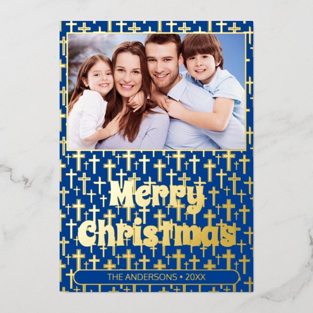 Modern photo Christmas Jesus cross regal navy blue Foil Holiday Card (Front)