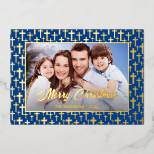 Modern photo Christmas Jesus cross royal blue Foil Foil Holiday Card