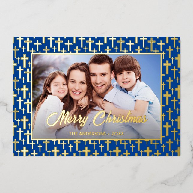Modern photo Christmas Jesus cross royal blue Foil Foil Holiday Card (Front)