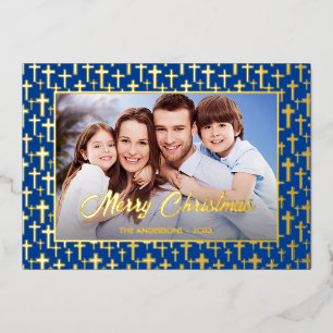 Modern photo Christmas Jesus cross royal blue Foil Holiday Card
