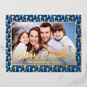 Modern photo Christmas Jesus cross royal blue  Foil Holiday Postcard