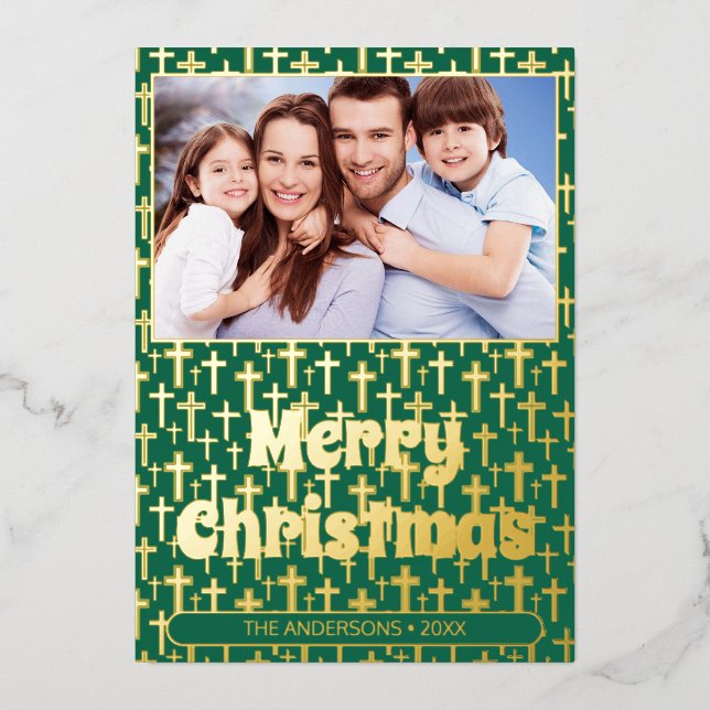 Modern photo Christmas script Jesus cross green Foil Holiday Card (Front)