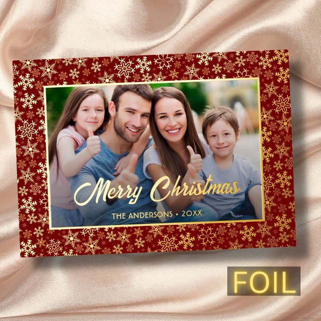 Modern photo Christmas snowflake burgundy and gold Foil Holiday Card (Creator Uploaded)