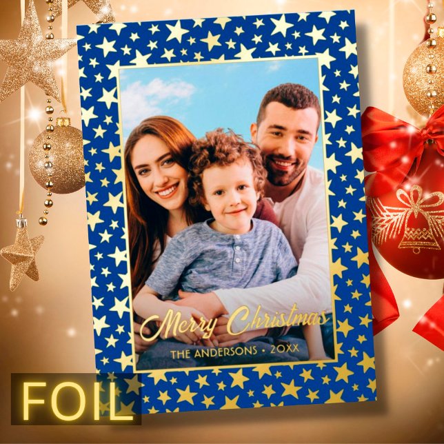 Modern photo Christmas stars navy blue script Foil Holiday Card (Creator Uploaded)