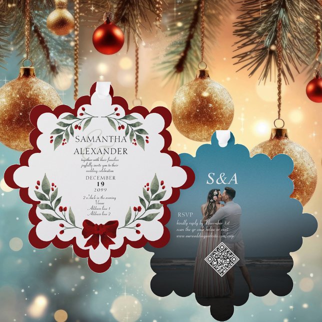 Modern Photo Christmas Wedding Invitation Ornament (Modern Photo Christmas Wedding Invitation Ornament Unique Designer Christmas Watercolor Wreath )