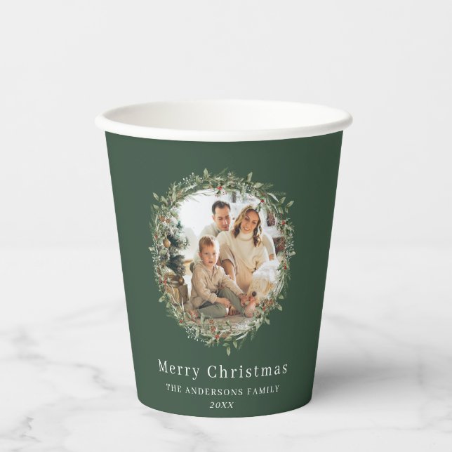 Modern photo Christmas wreath green Paper Cups (Front)