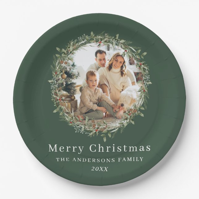 Modern photo Christmas wreath green Paper Plate (Front)
