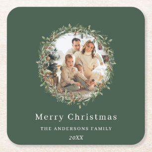 Modern photo Christmas wreath green Square Paper Coaster