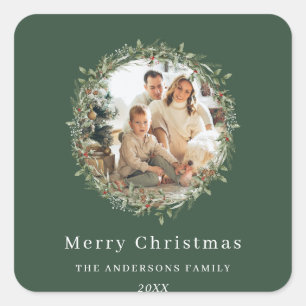 Modern photo Christmas wreath Square Sticker