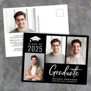 Modern Photo Class of 2025 Black Graduation Party Invitation Postcard