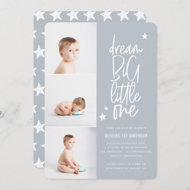 Modern photo collage 1st birthday blue star (Front/Back)