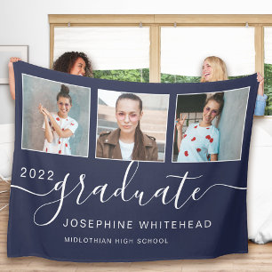 Modern Photo Collage 2022 Graduate Navy Blue Fleece Blanket