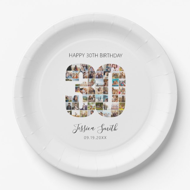 Modern Photo Collage 30th Birthday Paper Plate (Front)