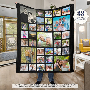 Modern Photo Collage 33 Pics Personalised Black Fleece Blanket