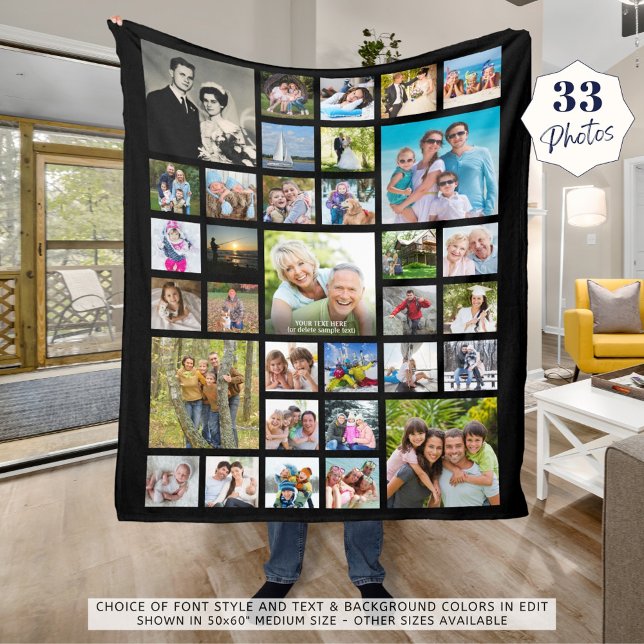 Modern Photo Collage 33 Pics Personalised Black Fleece Blanket (Creator Uploaded)