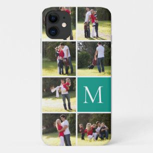 Modern photo collage and monogram teal iPhone 11 case