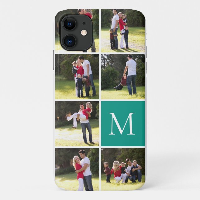 Modern photo collage and monogram teal Case-Mate iPhone case (Back)